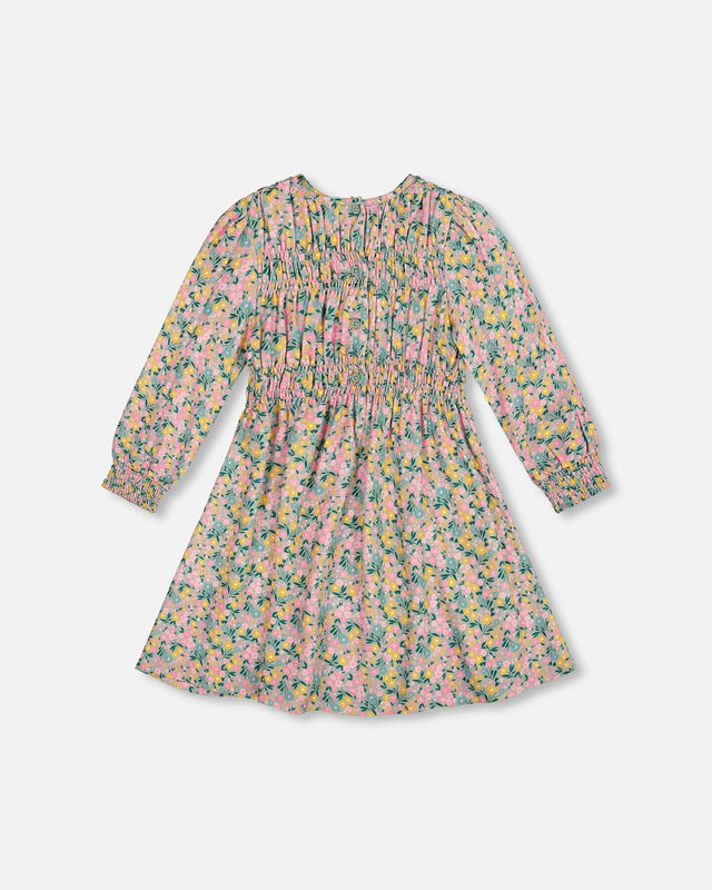 Smocked Viscose Dress Green With Floral Print-0