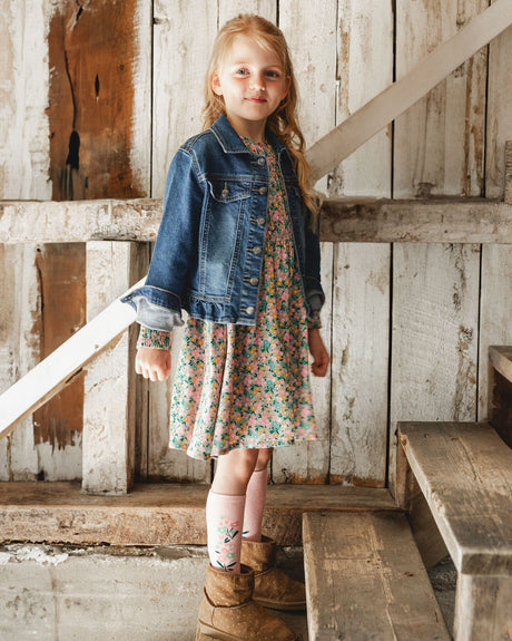 Smocked Viscose Dress Green With Floral Print-1
