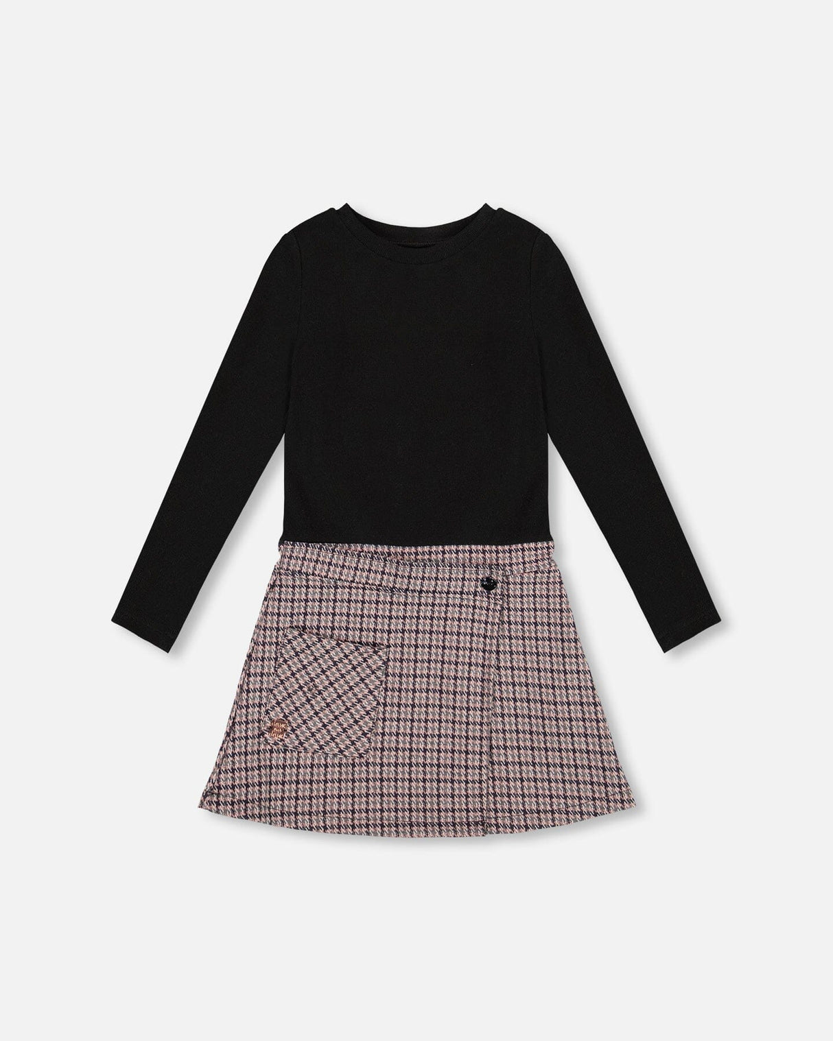 Bi-Material Dress Black And Houndstooth-0