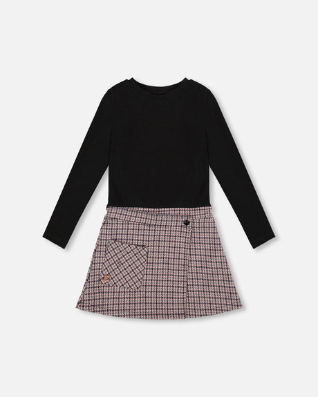 Bi-Material Dress Black And Houndstooth-0
