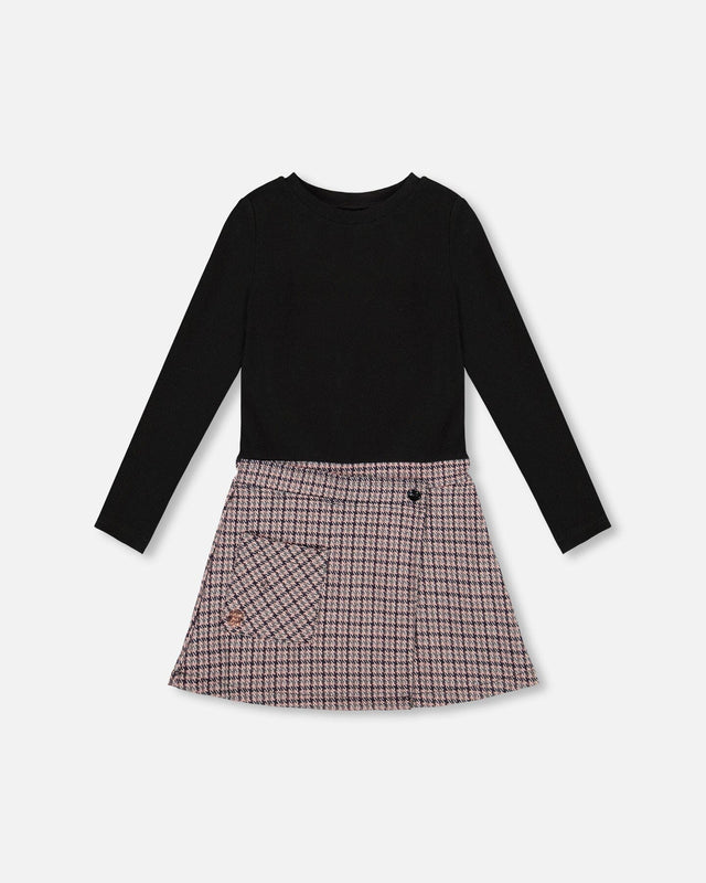 Bi-Material Dress Black And Houndstooth-0