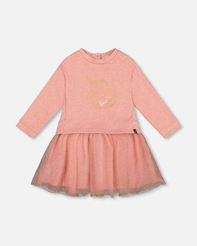 Bi-Material Dress Dusty Pink With Mesh Skirt And Unicorn-0