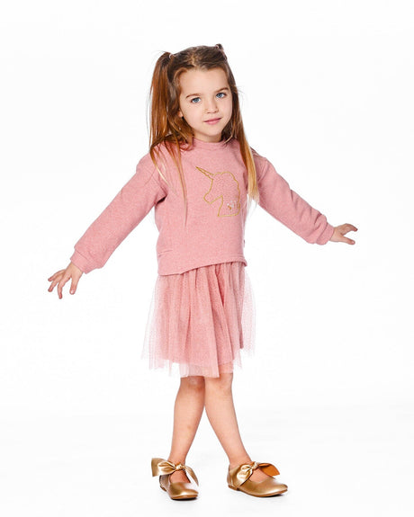 Bi-Material Dress Dusty Pink With Mesh Skirt And Unicorn-1