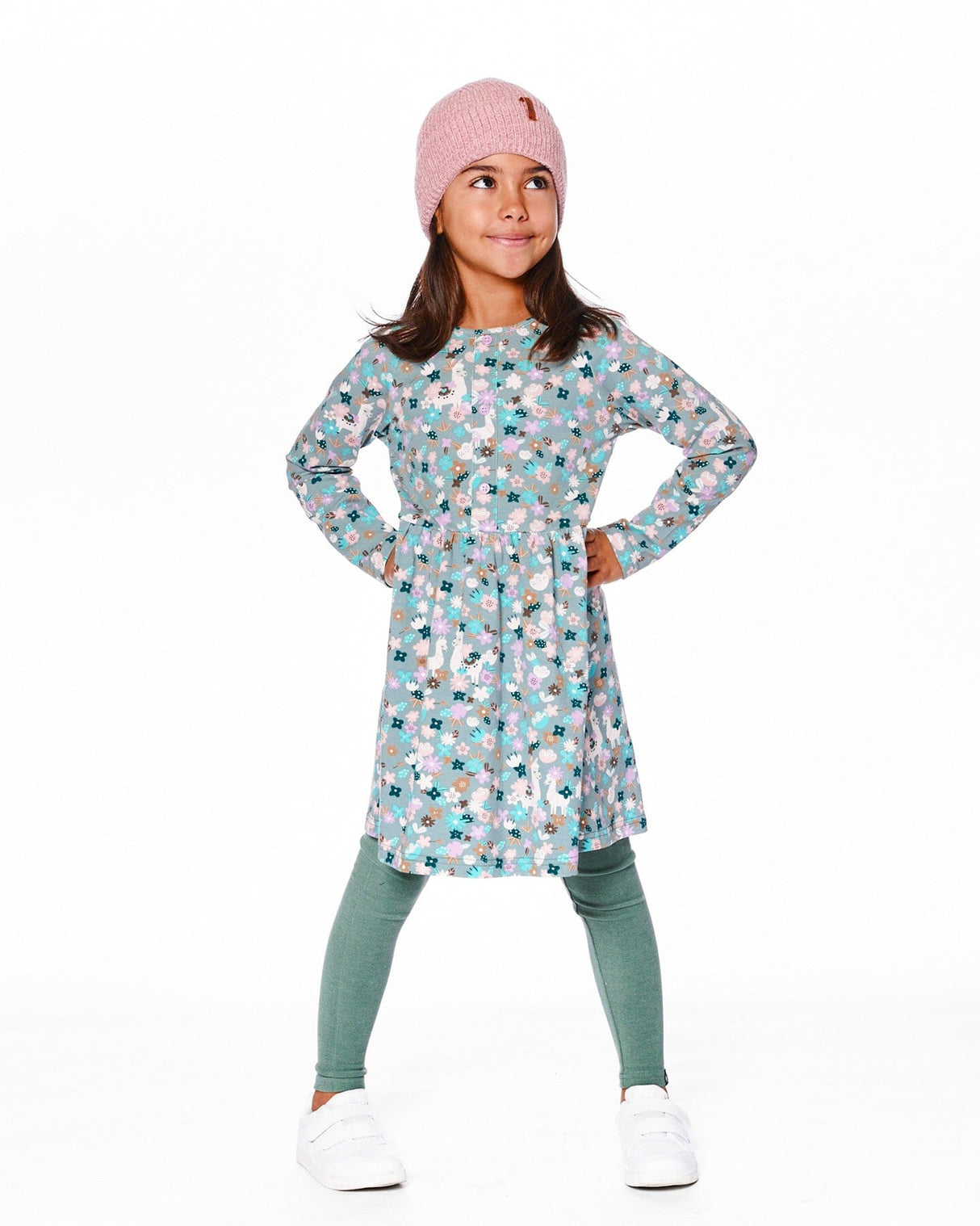Half Button Organic Cotton Dress Blue Llama Print-1