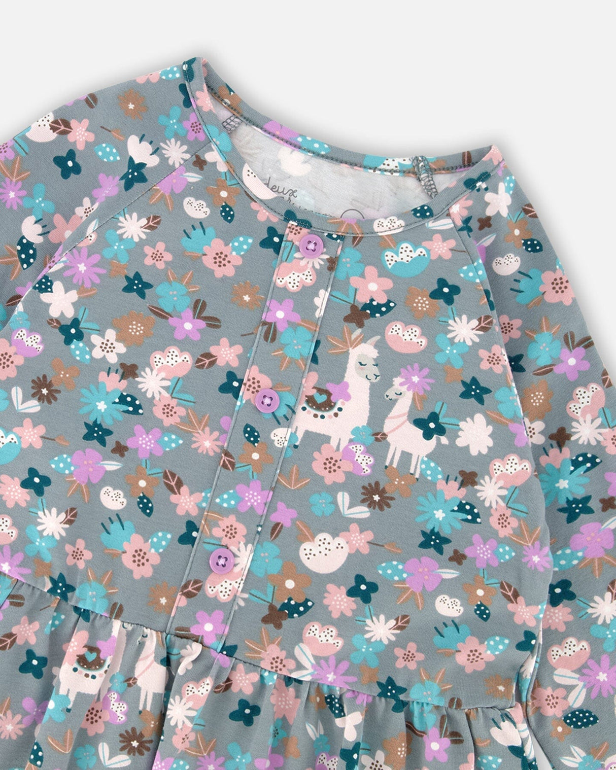 Half Button Organic Cotton Dress Blue Llama Print-3
