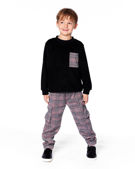 Super Soft Brushed Jersey Long Sleeve Top Black With Plaid Pocket-1