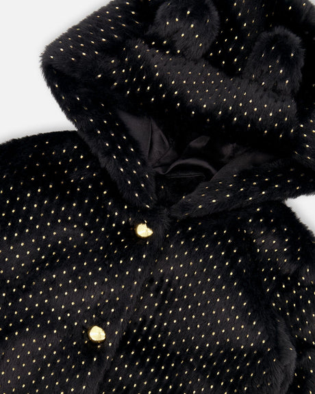 Bear Faux Fur Coat Black With Gold Polka Dots-3