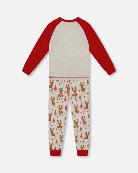 Organic Cotton Two-Piece Pajamas Beige Girly Reindeer Print-2