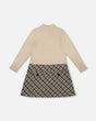 Long Sleeve Bi-Material Mock Neck Dress Beige And Plaid-0