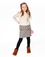 Long Sleeve Bi-Material Mock Neck Dress Beige And Plaid-2