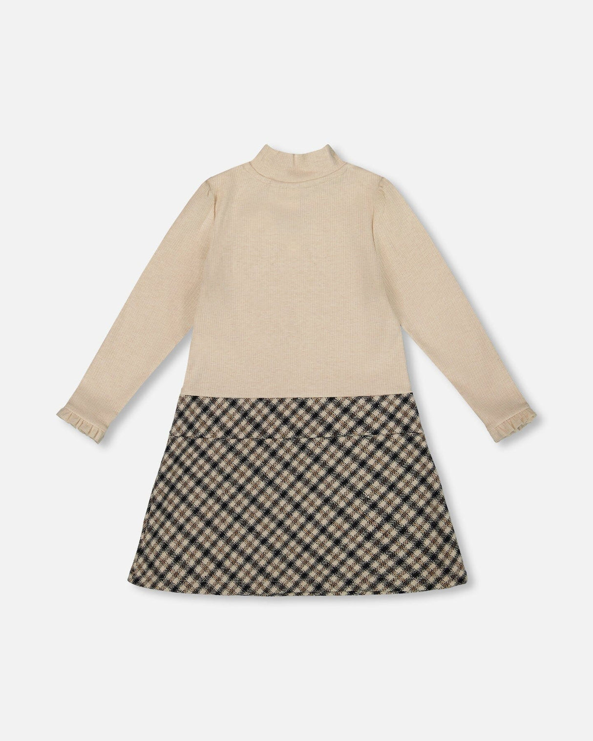Long Sleeve Bi-Material Mock Neck Dress Beige And Plaid-3