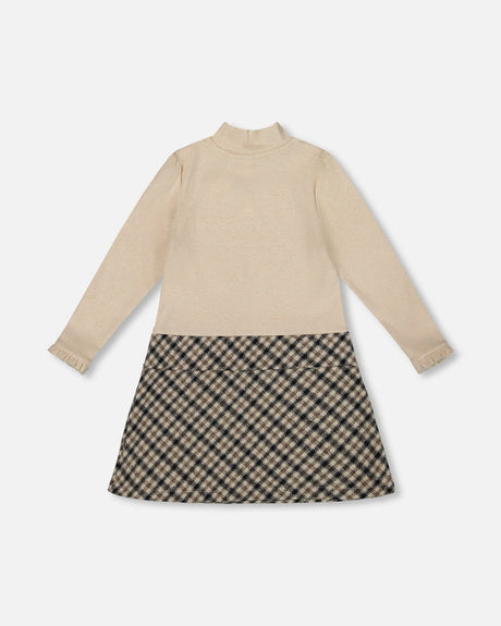 Long Sleeve Bi-Material Mock Neck Dress Beige And Plaid-3