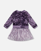 Long Sleeve Bi-Material Velour And Jersey Dress Purple Gray-2