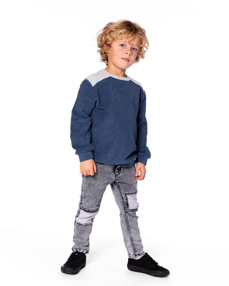 Super Soft Long Sleeve Flat Back Rib Top With Elbow Patches Navy Blue-1