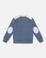 Super Soft Long Sleeve Flat Back Rib Top With Elbow Patches Navy Blue-2