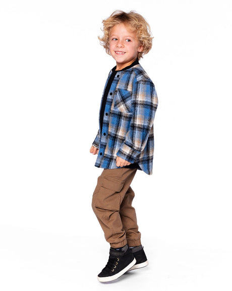 Long Sleeve Brushed Plaid Button Down Shirt Avec Rib Collar-1