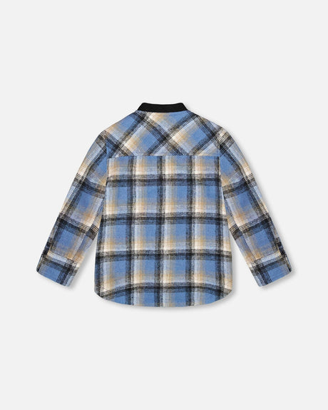 Long Sleeve Brushed Plaid Button Down Shirt Avec Rib Collar-2