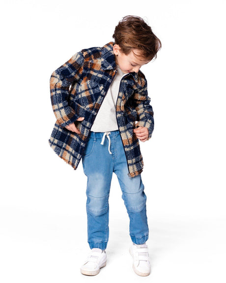 Sherpa Long Sleeve Zip Front Overshirt Blue And Brown Plaid-1