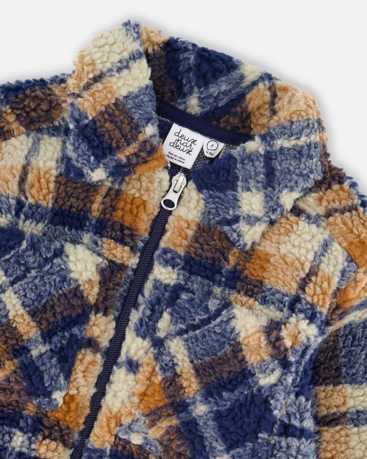 Sherpa Long Sleeve Zip Front Overshirt Blue And Brown Plaid-3