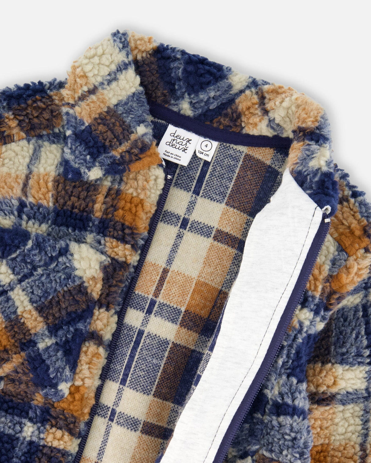 Sherpa Long Sleeve Zip Front Overshirt Blue And Brown Plaid-4