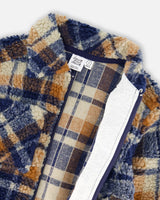 Sherpa Long Sleeve Zip Front Overshirt Blue And Brown Plaid-4