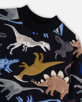 Pullover Fleece Sweatshirt Black Dinosaur Print-3