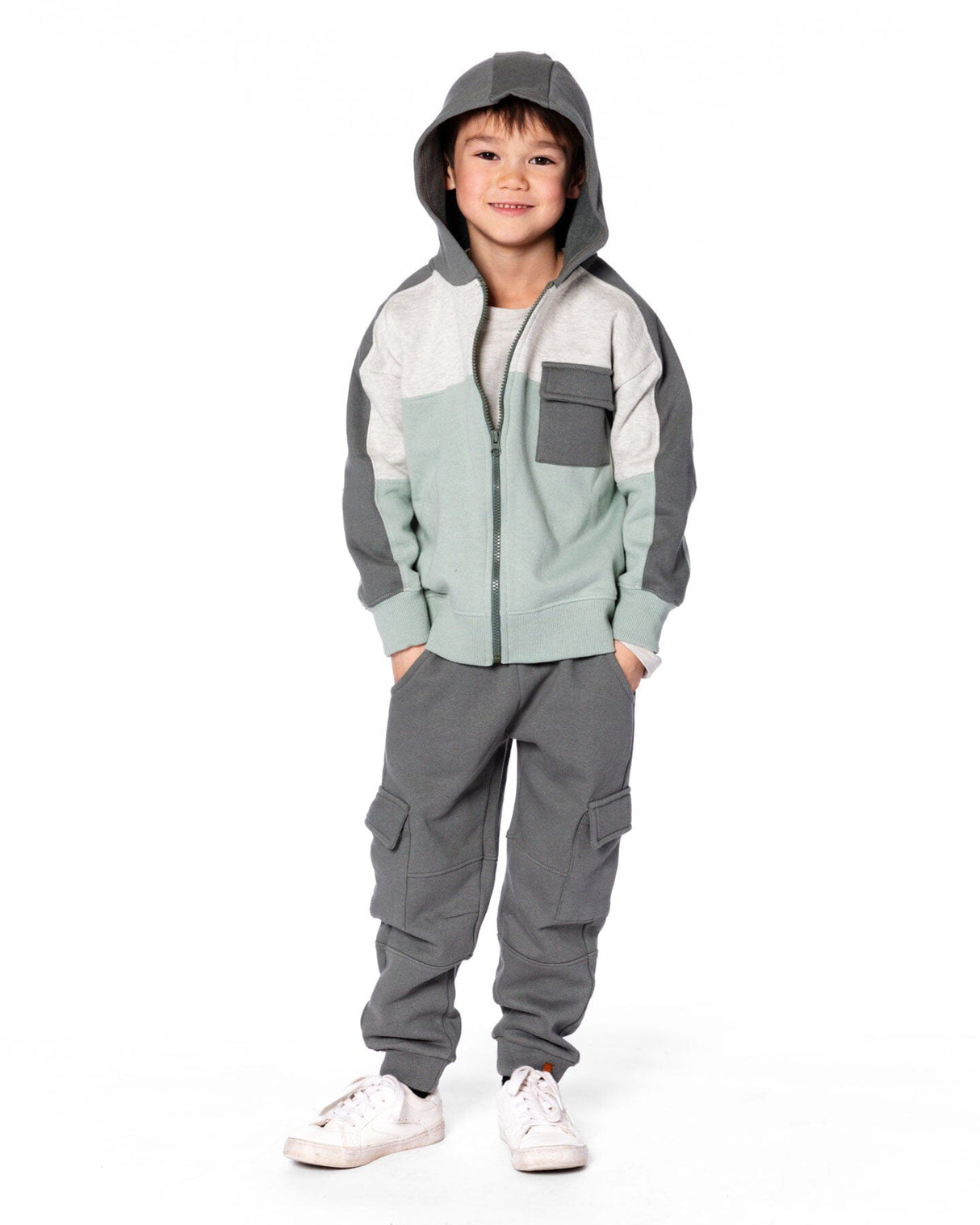 Full Zip Fleece Color Block Sweatshirt Green Gray-1