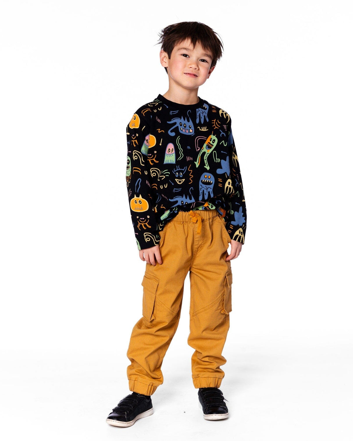 Long Sleeve Organic Cotton Allover Monsters Print Tee-2