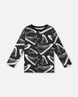 Long Sleeve Organic Cotton Allover Print Tee Black-0