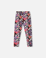 Stretch Jersey Leggings Black Retro Flower Print-0