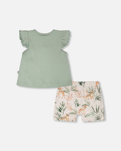 Pointelle Top And Organic Cotton Jersey Short Set Green And Peach Deer Print-2