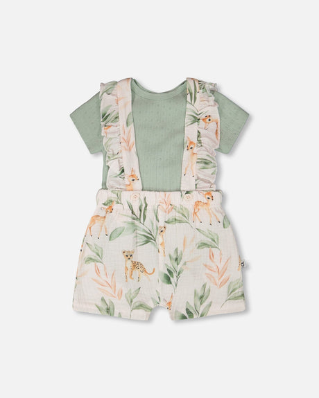 Pointelle Onesie And Cotton Muslin Shortall Set Green And Peach Deer Print-0