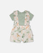 Pointelle Onesie And Cotton Muslin Shortall Set Green And Peach Deer Print-0