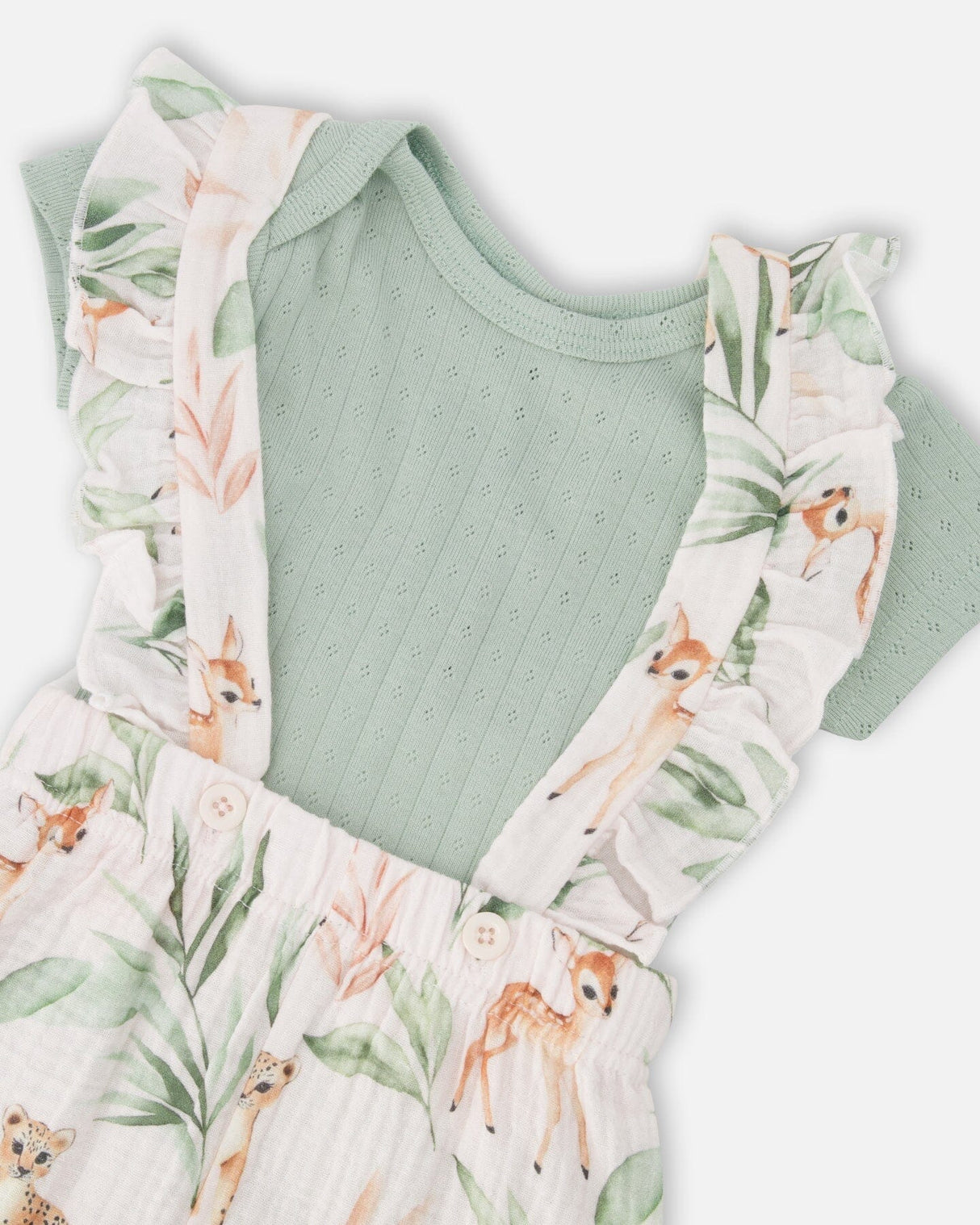 Pointelle Onesie And Cotton Muslin Shortall Set Green And Peach Deer Print-3