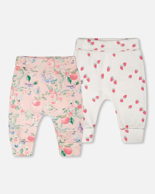 2 Pack Cotton Jersey Evolutive Pants Pink Printed Berries And White Strawberry Print-0