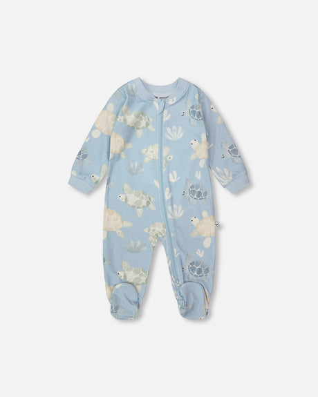 Organic Cotton Jersey One-Piece Pyjama Blue Turtle Print-0