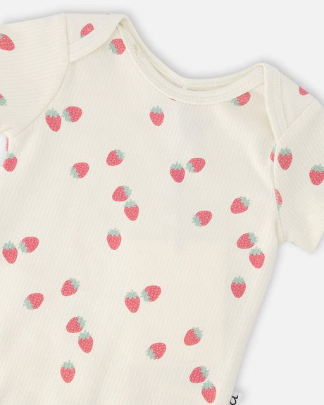 Evolutive Cotton Rib Jersey Onesie White Printed Strawberries-3