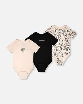Deux par Deux 3-pack of organic cotton bodysuits for baby girls with message, animal and peach palm tree prints