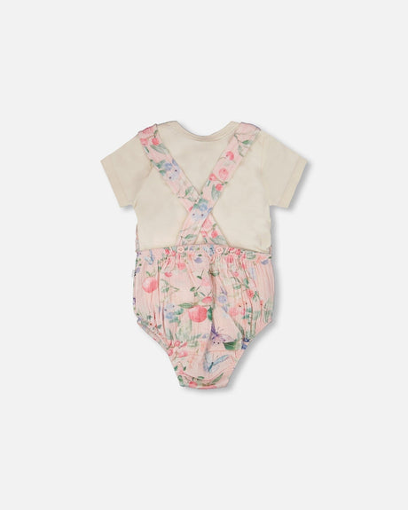 Organic Cotton Jersey Onesie And Muslin Overall Set White And Pink Printed Berries-3