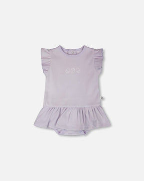 Deux par Deux lilac frill rib romper with strawberry chest print for baby girls, front view