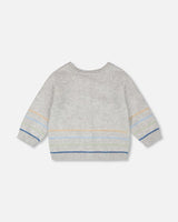 Cotton Knit Striped Button Front Cardigan Light Heather Grey-1