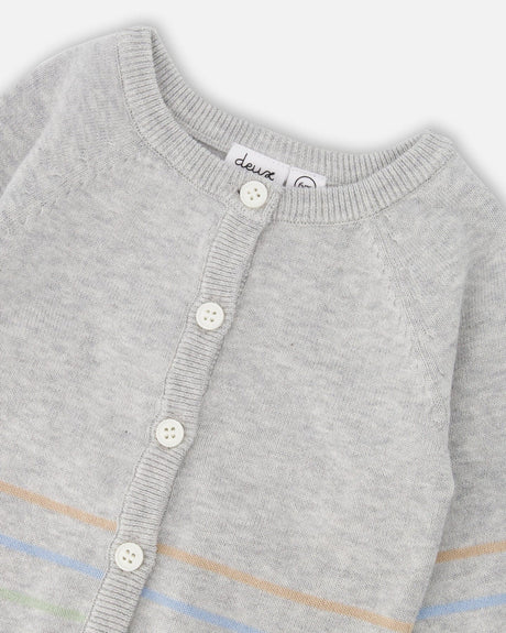 Cotton Knit Striped Button Front Cardigan Light Heather Grey-2