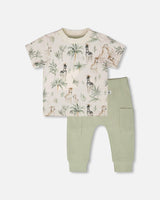 Organic Cotton Jersey T-Shirt And Cotton Rib Pants Set Beige Zebra Print And Sage Green-0