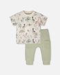 Organic Cotton Jersey T-Shirt And Cotton Rib Pants Set Beige Zebra Print And Sage Green-0