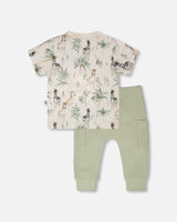 Organic Cotton Jersey T-Shirt And Cotton Rib Pants Set Beige Zebra Print And Sage Green-2