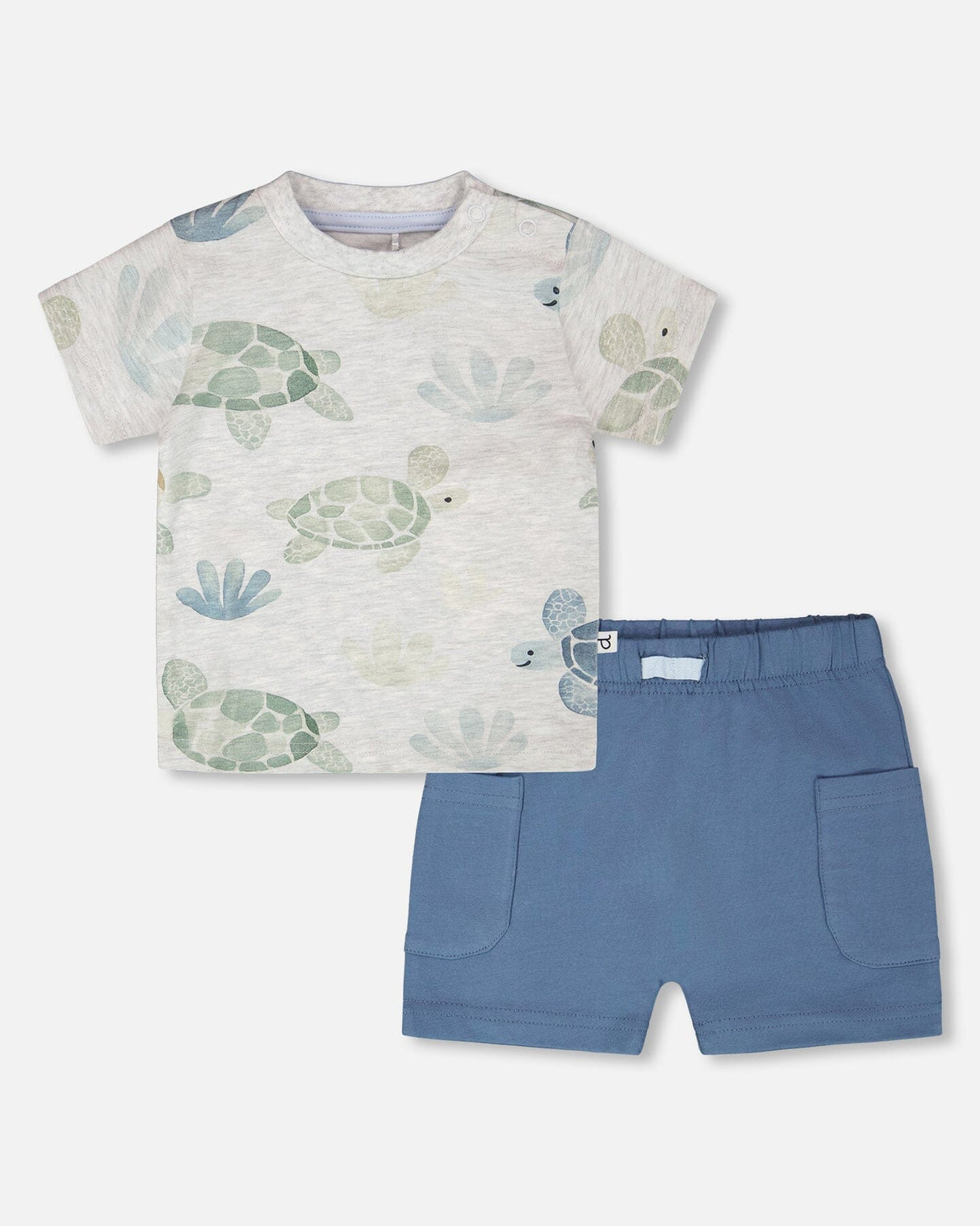 Jersey T-Shirt And Organic Cotton Jersey Shorts Set Grey Mix Turtle Print And Medium Blue-0