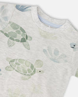 Jersey T-Shirt And Organic Cotton Jersey Shorts Set Grey Mix Turtle Print And Medium Blue-3