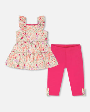 Deux par Deux off white floral tunic and pink capri leggings set, front view