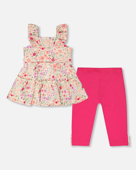 Tunic And Organic Cotton Capri Set Off White Printed Flowers And Pink-2
