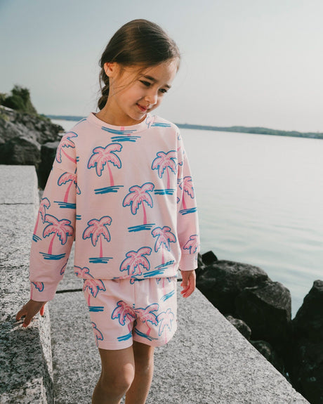 French Terry Sweatshirt Light Pink Palm Print-1
